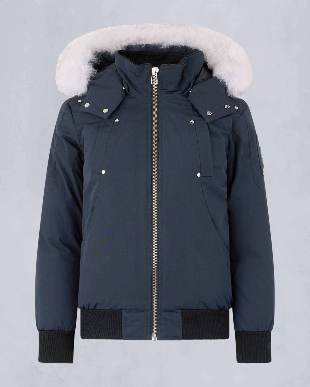 Moose Knuckles Navy Blue Hooded Bomber Jacket with White Trim