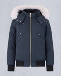 Moose Knuckles Navy Blue Hooded Bomber Jacket with White Trim