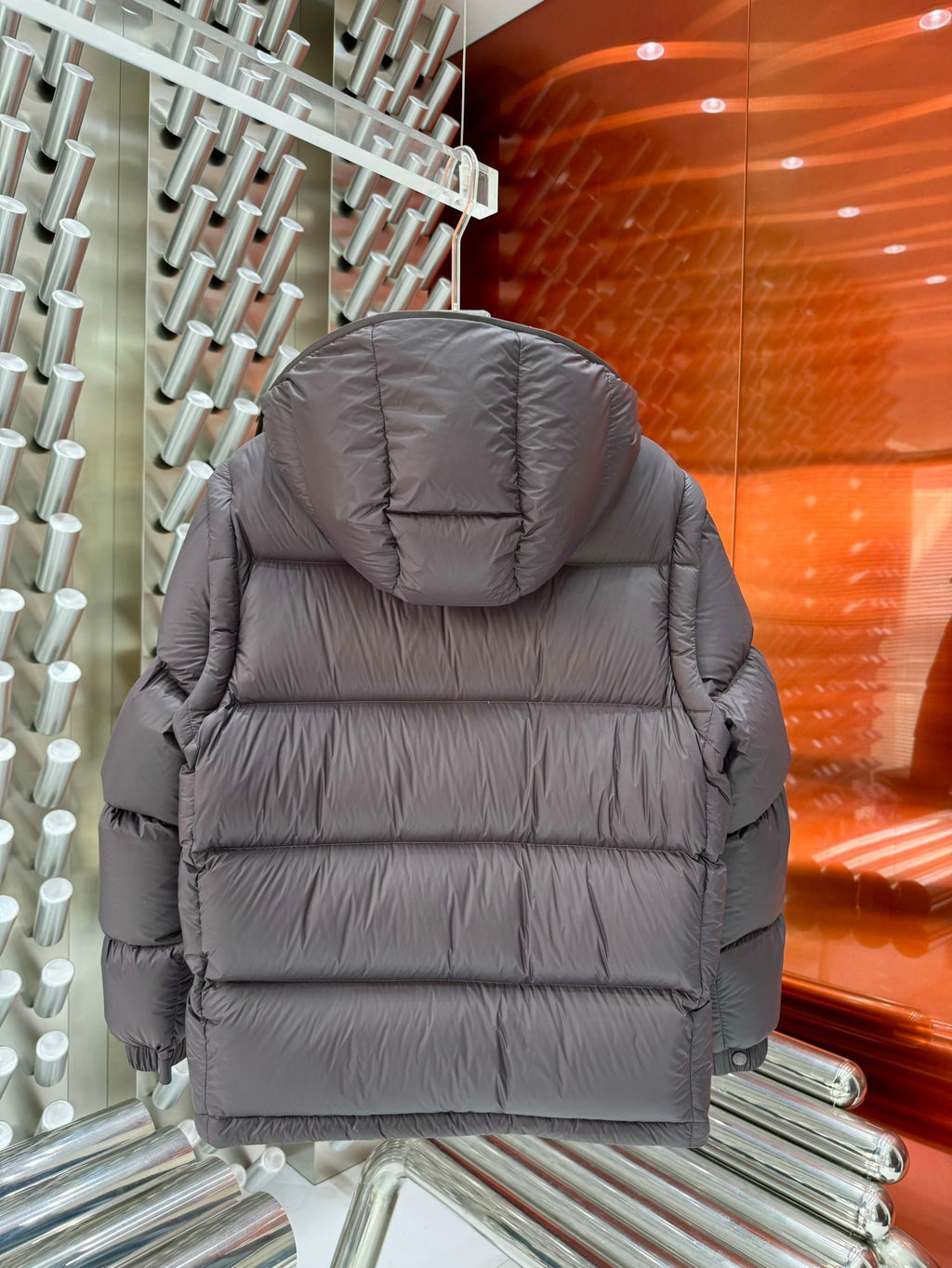 Moncler Quilted Taupe Gray Hooded Puffer Jacket