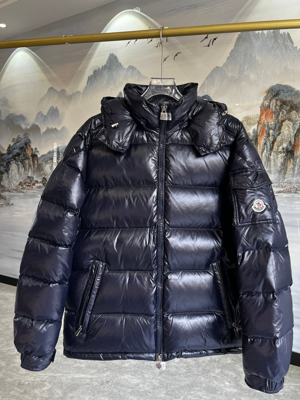 Moncler Glossy Navy Blue Hooded Quilted Puffer Jacket