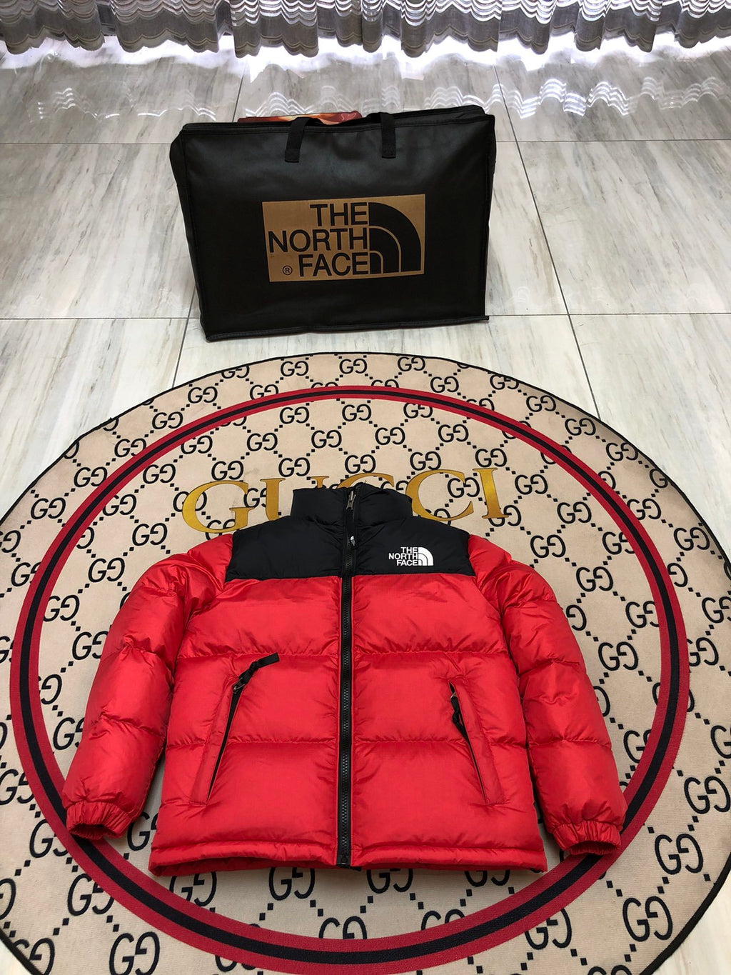The North Face Quilted Red and Black Stand-Collar Puffer Jacket