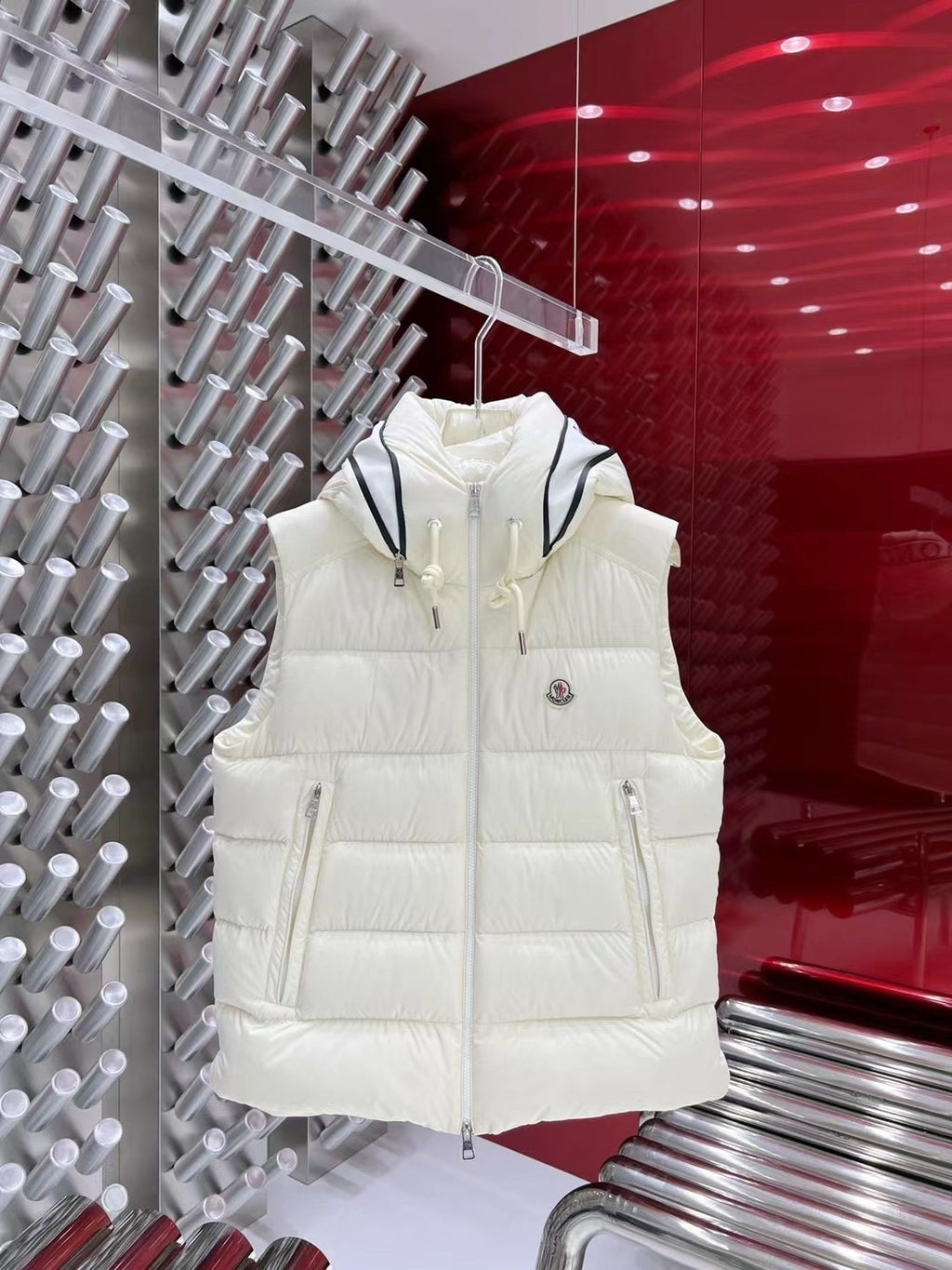 Moncler Quilted Ivory White Hooded Puffer Vest