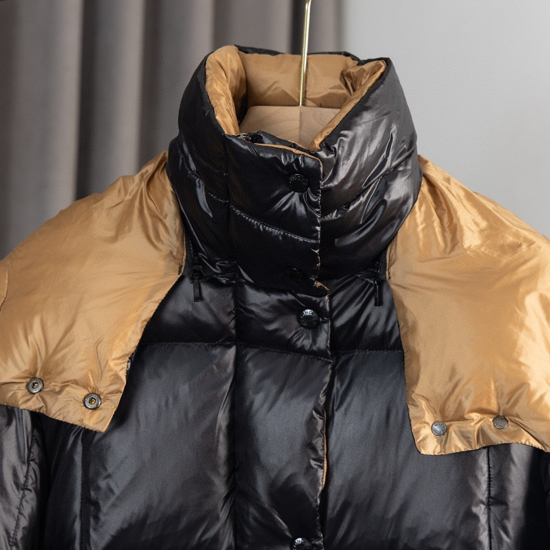 Moncler Glossy Black Hooded Puffer Jacket with Camel Lining