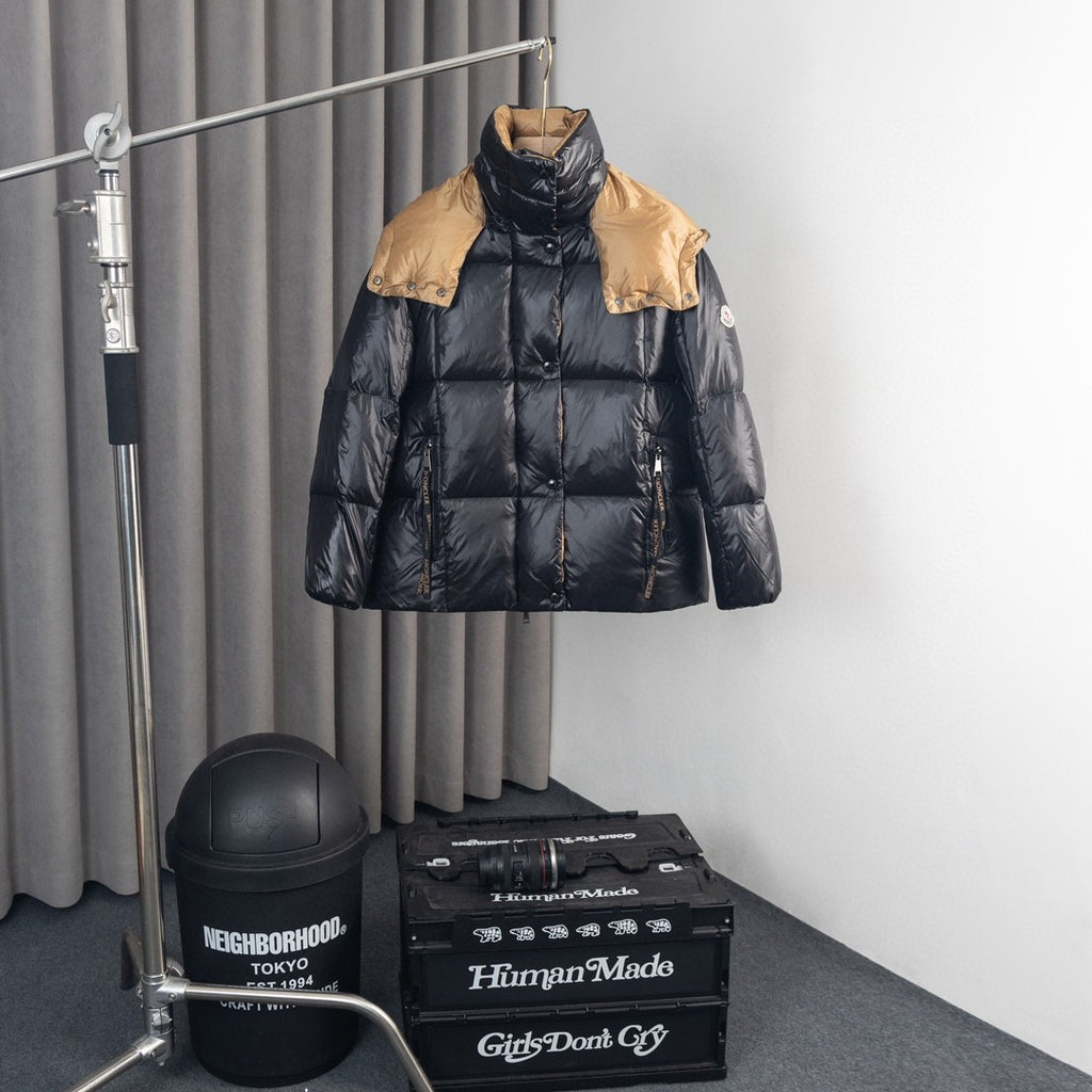 Moncler Glossy Black Hooded Puffer Jacket with Camel Lining