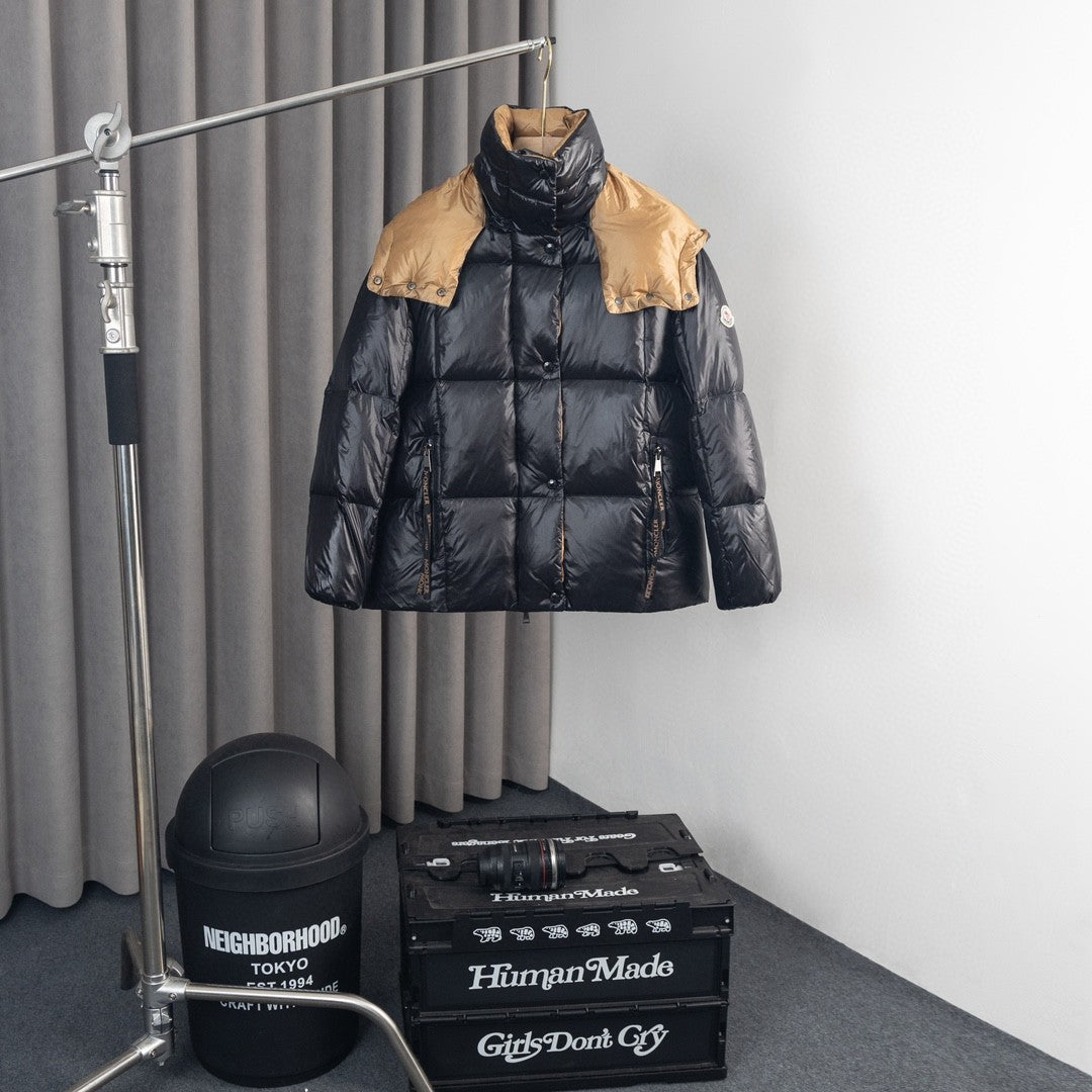 Moncler Glossy Black Hooded Puffer Jacket with Camel Lining