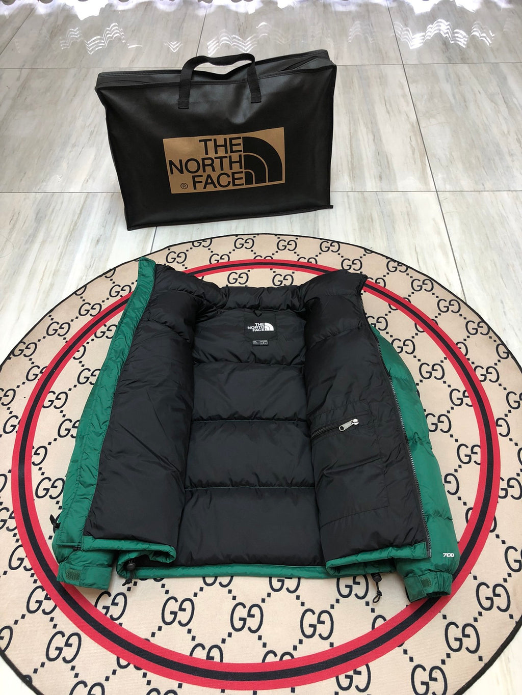 The North Face Quilted Forest Green and Black Stand-Collar Puffer Jacket