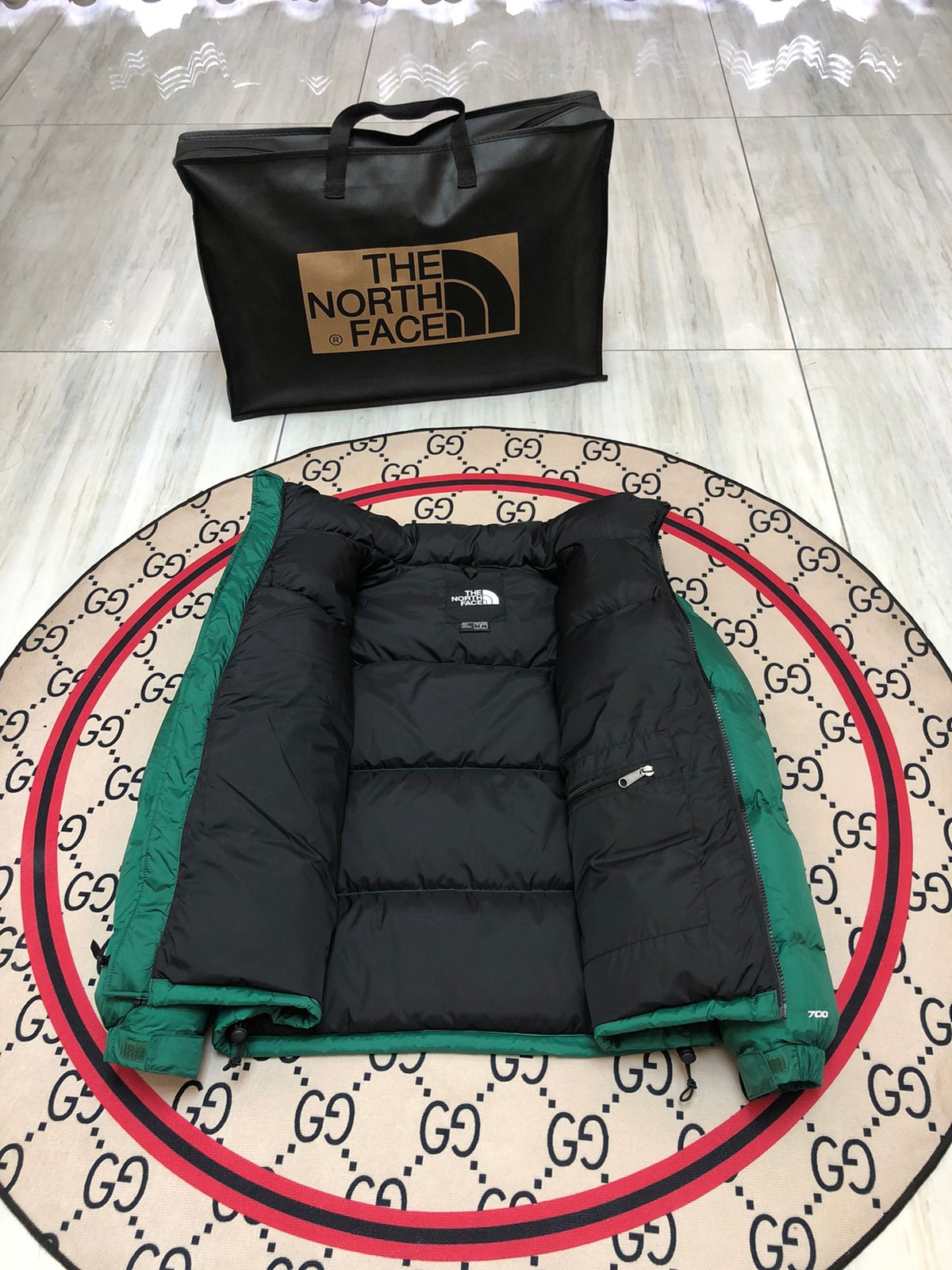 The North Face Quilted Forest Green and Black Stand-Collar Puffer Jacket