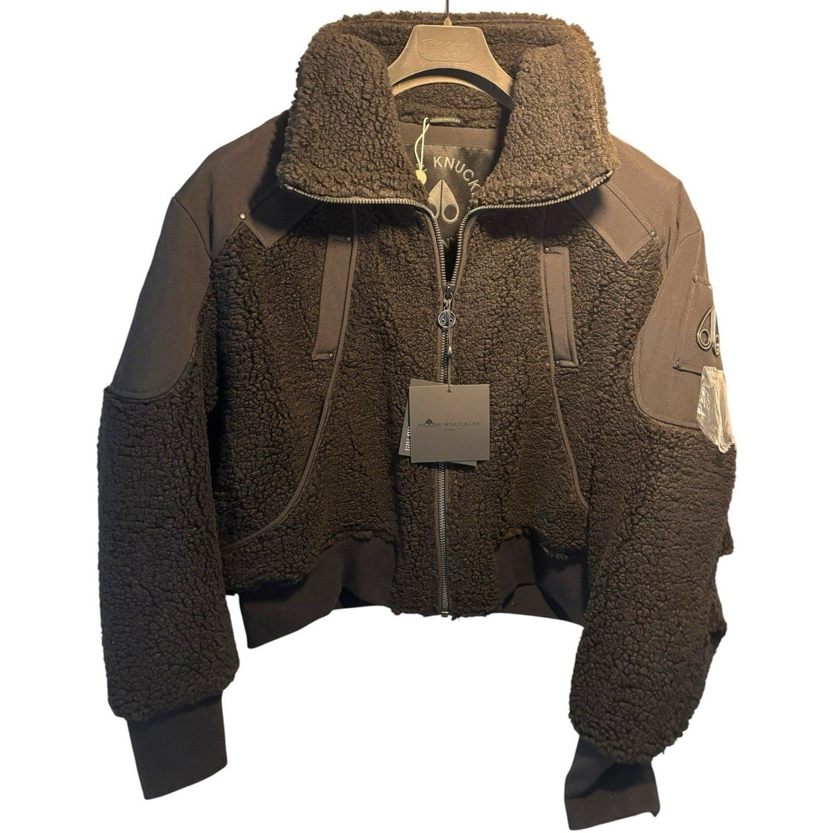 Moose Knuckles Dark Brown Stand-Collar Fleece Bomber Jacket