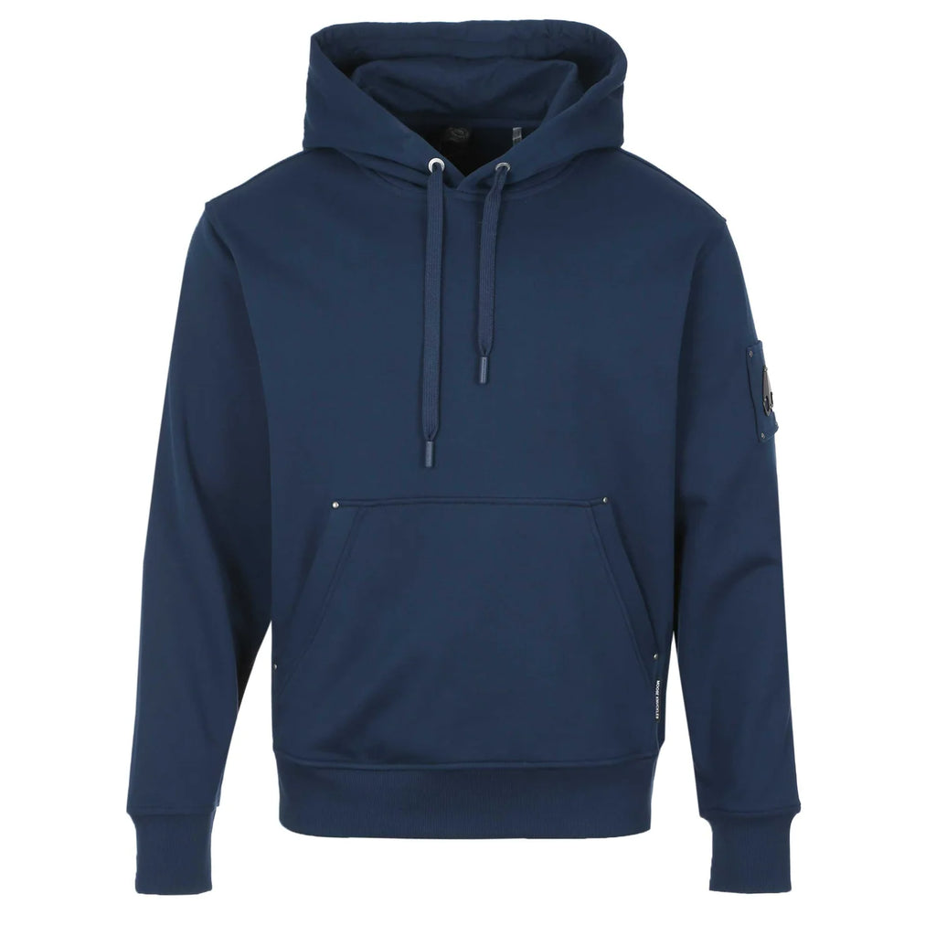 Moose Knuckles Navy Blue Pullover Hoodie with Metallic Sleeve Emblem