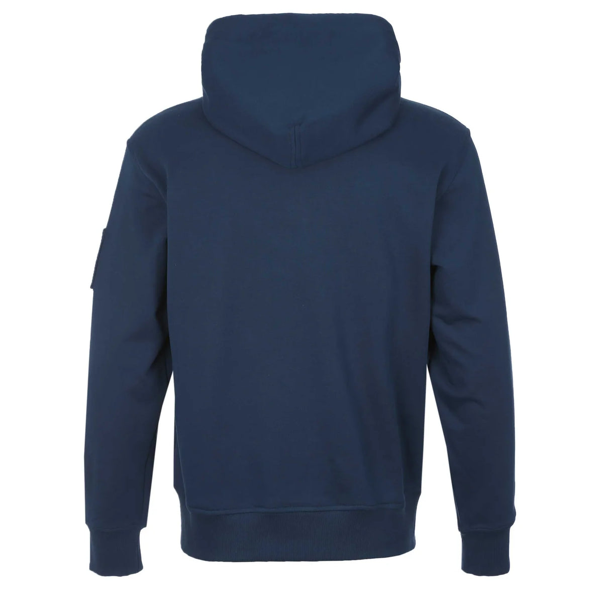 Moose Knuckles Navy Blue Pullover Hoodie with Metallic Sleeve Emblem