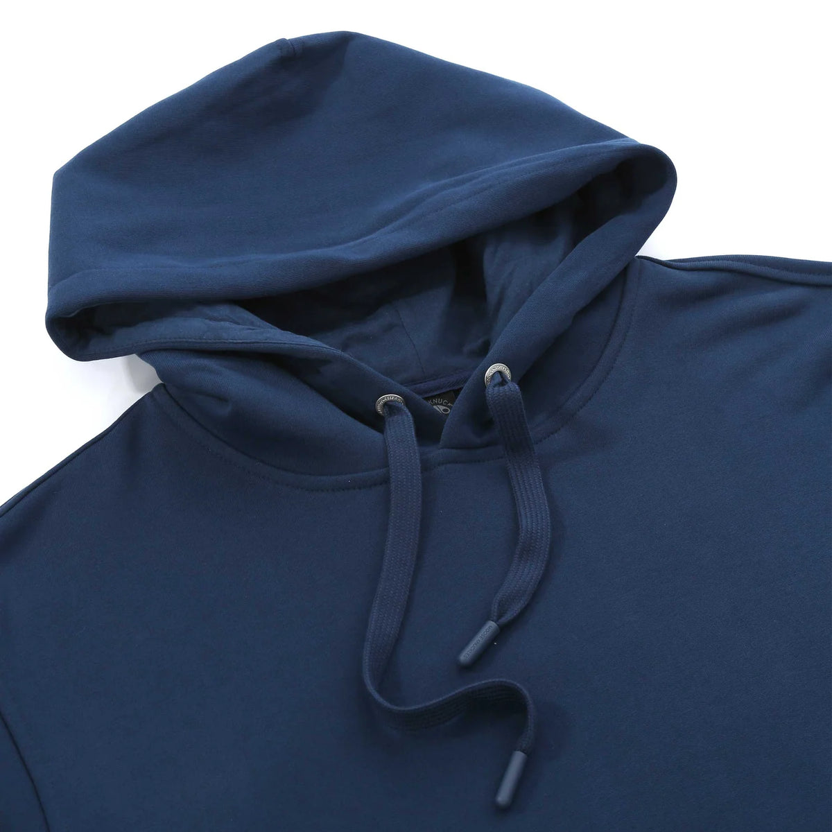 Moose Knuckles Navy Blue Pullover Hoodie with Metallic Sleeve Emblem