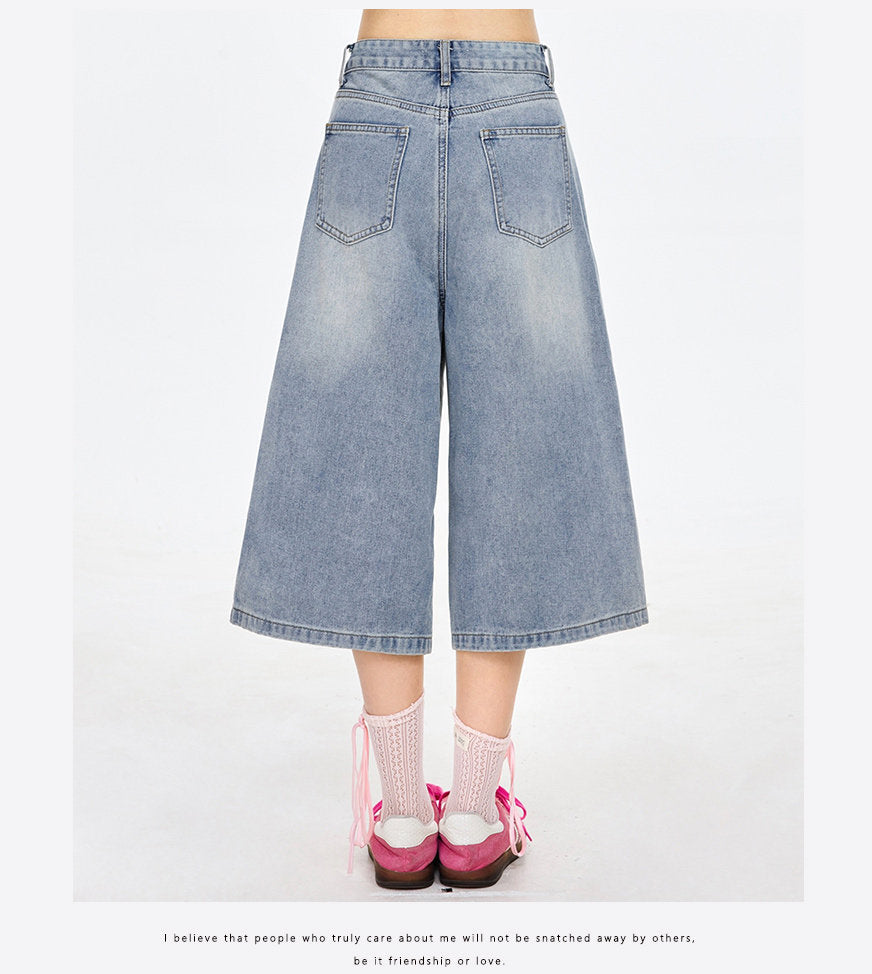 Heart Star Patch Capri Denim Shorts Loose Wide Leg Baggy Cropped Jeans