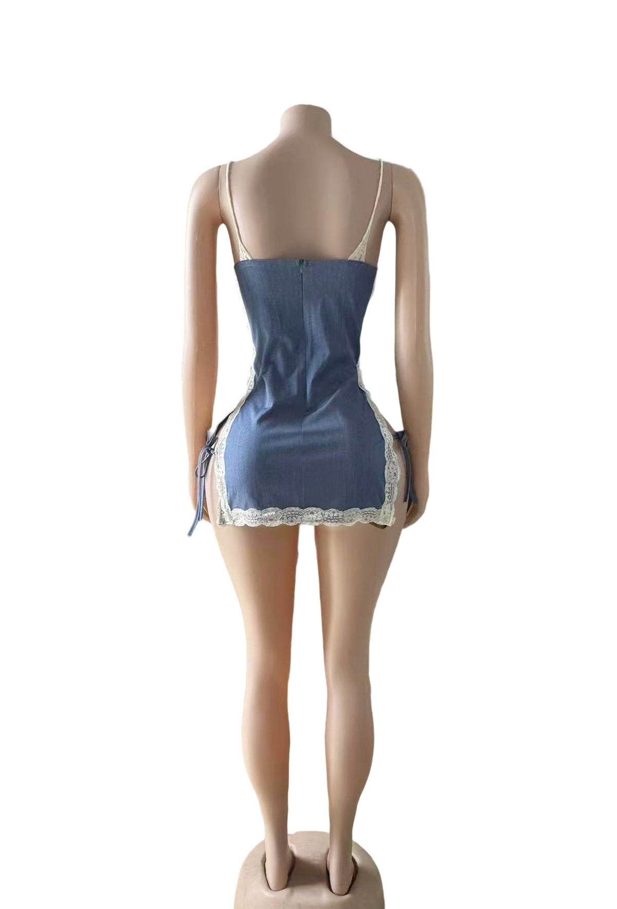 Lace-Trim Spaghetti-Strap Denim Bodycon Mini Dress Women