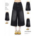 Vintage Wash Star Embroidered Denim Shorts Loose Wide Leg Capri Jeans