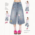 Heart Star Patch Capri Denim Shorts Loose Wide Leg Baggy Cropped Jeans
