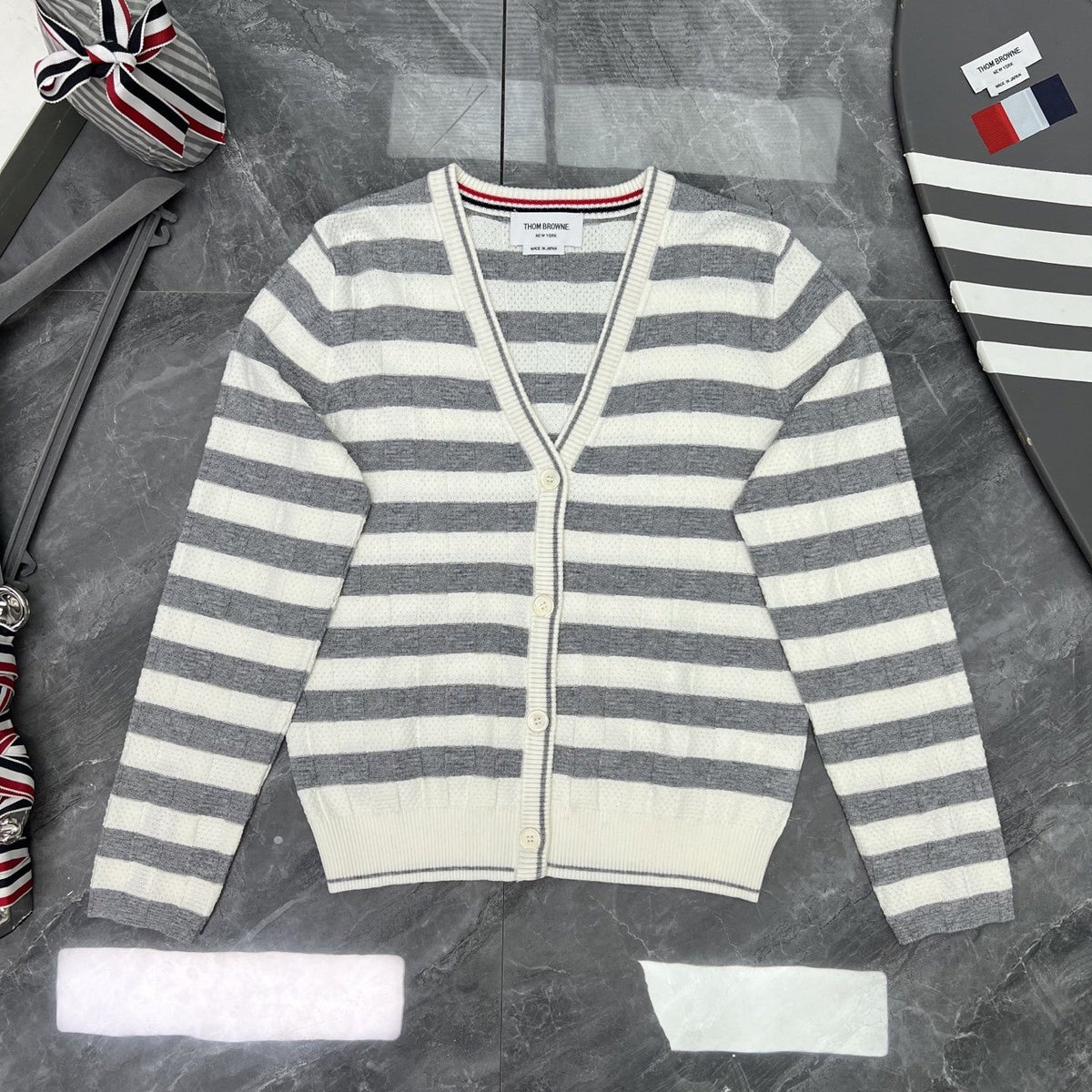 Thom Browne Style Striped V-Neck Button Cardigan