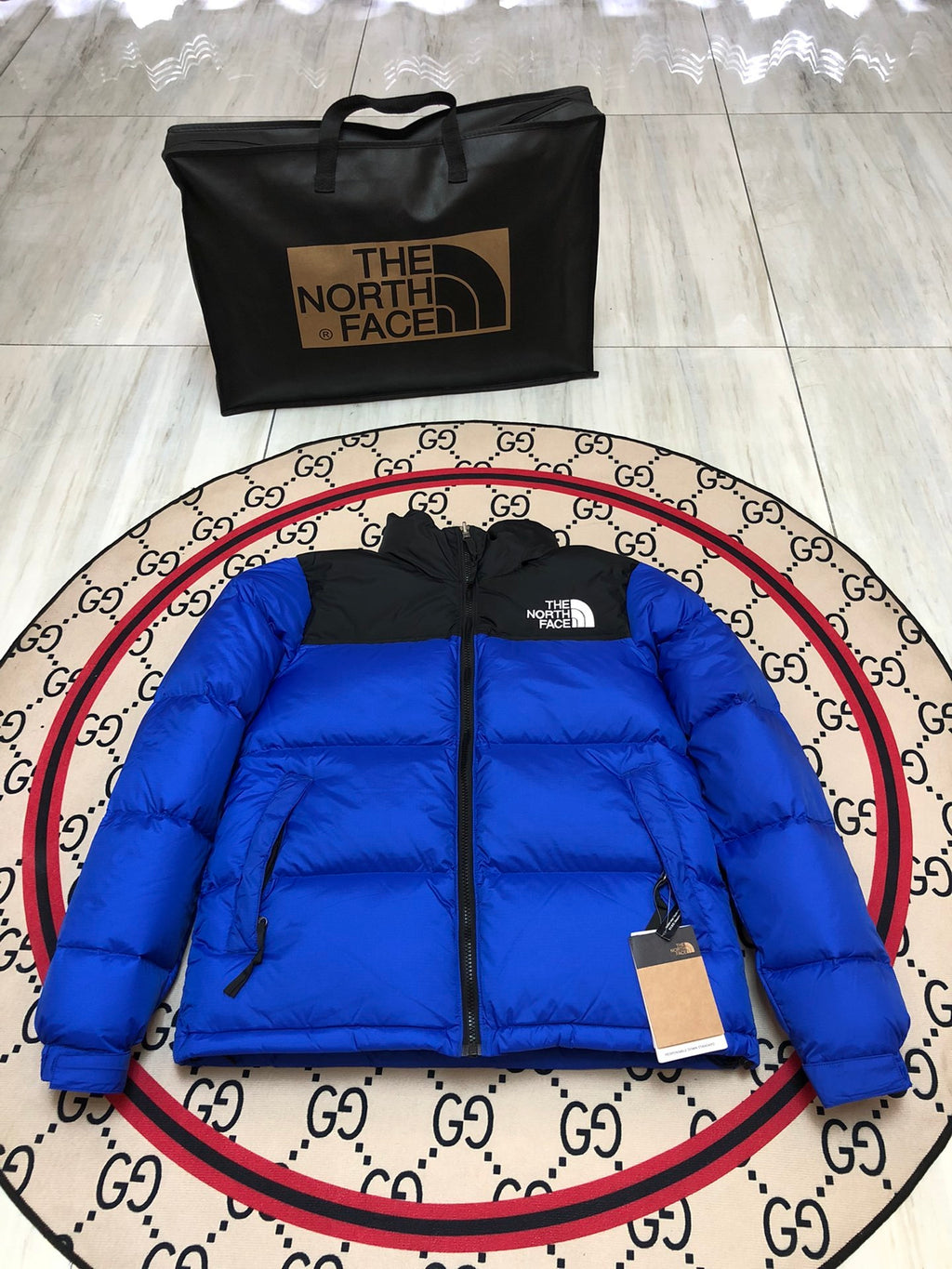 The North Face Quilted Royal Blue and Black Stand-Collar Puffer Jacket