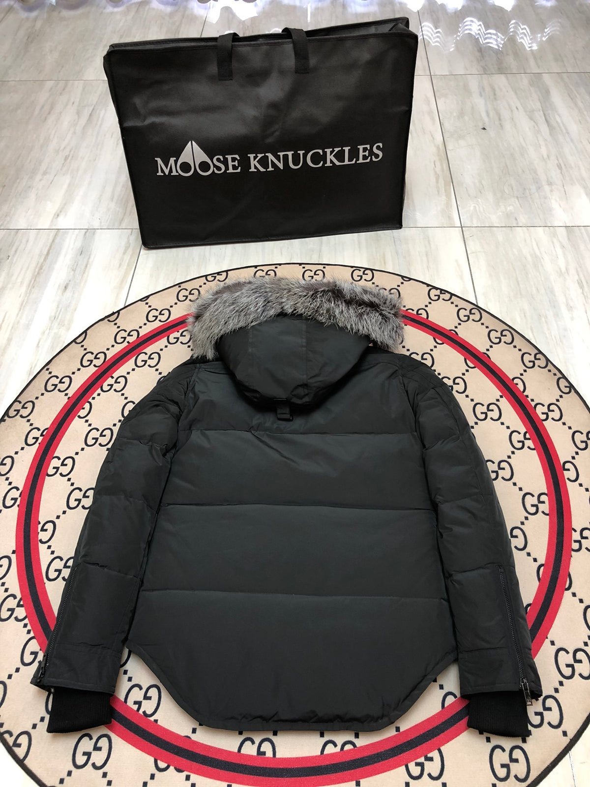 Moose Knuckles Quilted Black Hooded Parka with Gray Trim