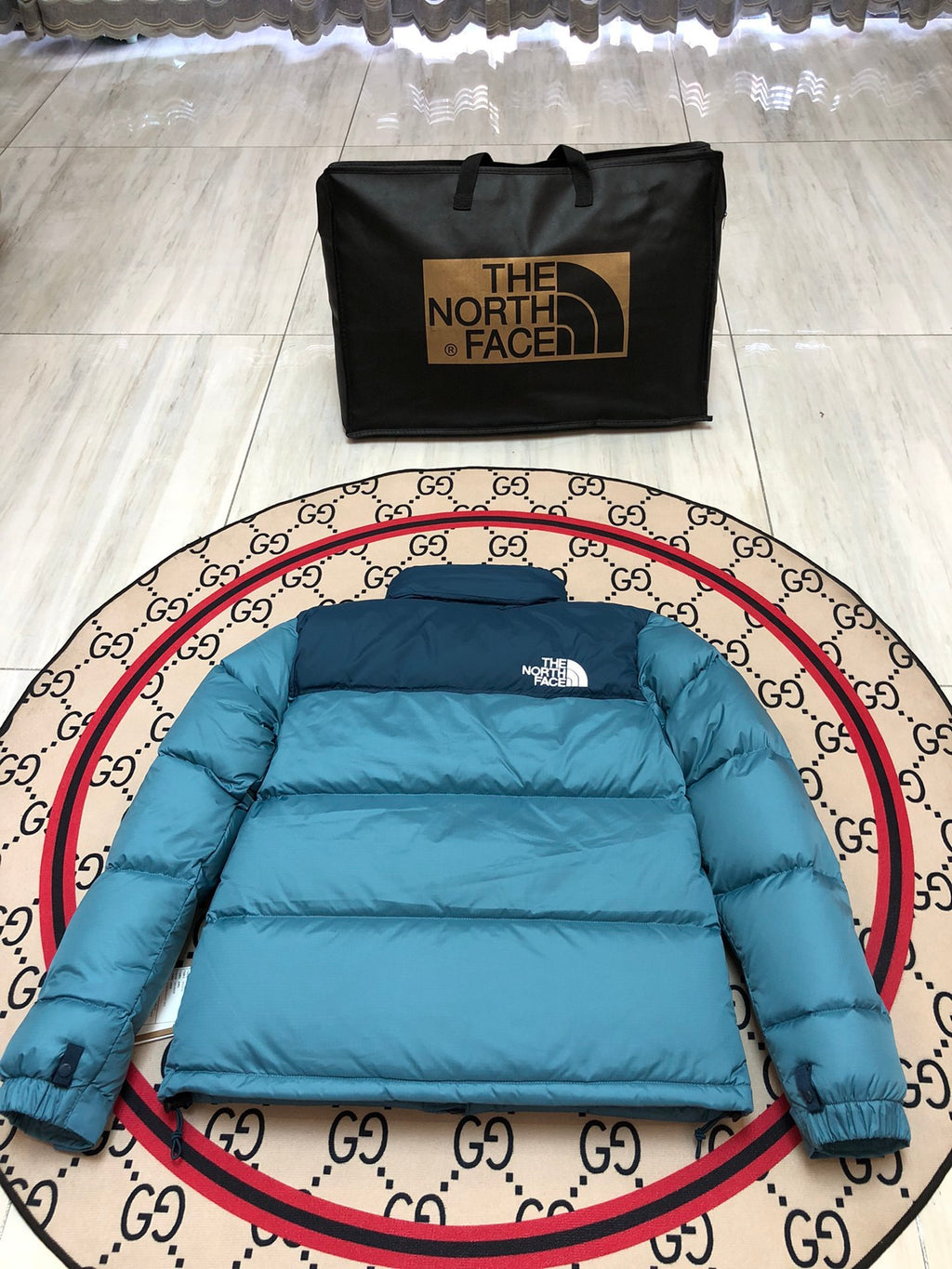 The North Face Quilted Teal Blue and Navy Stand-Collar Puffer Jacket