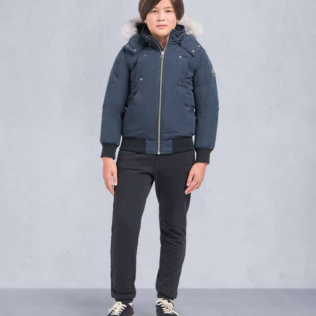 Moose Knuckles Navy Blue Hooded Bomber Jacket with White Trim