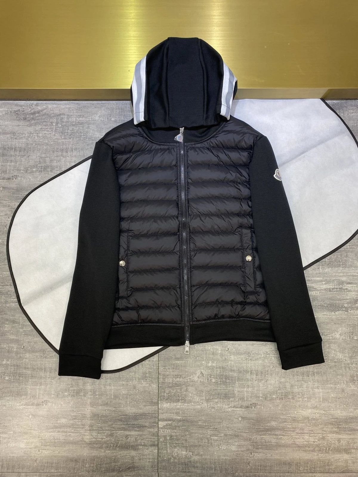 Moncler Hybrid Black Hooded Quilted Zip-Front Jacket