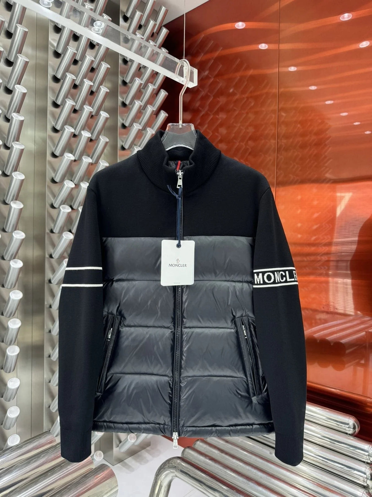 Moncler Hybrid Black and Charcoal Gray Stand-Collar Jacket