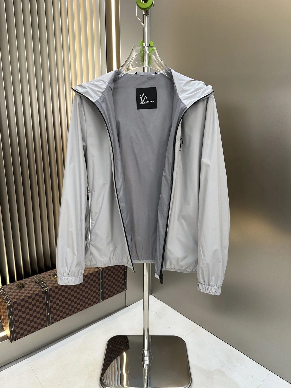 Moncler Light Gray Hooded Zip-Front Jacket
