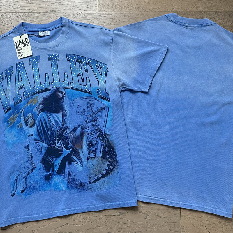 VALE USA Washed Light Blue Rhinestone Graphic T-Shirt