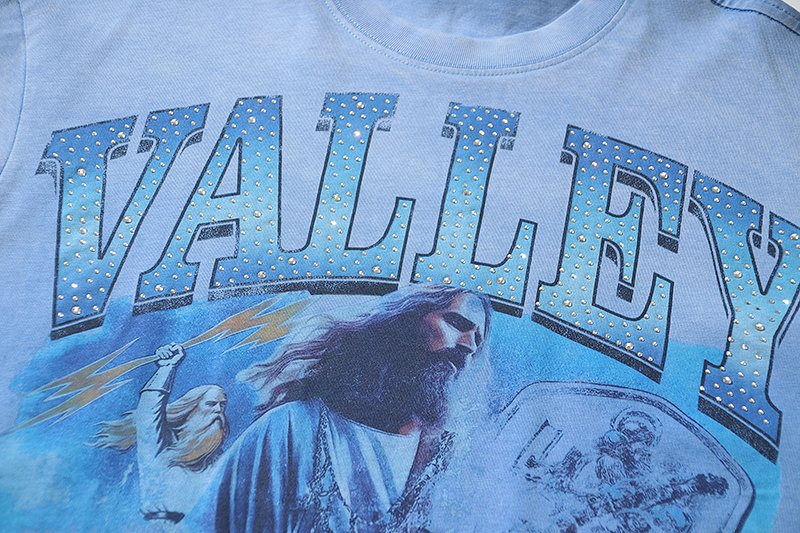 VALE USA Washed Light Blue Rhinestone Graphic T-Shirt