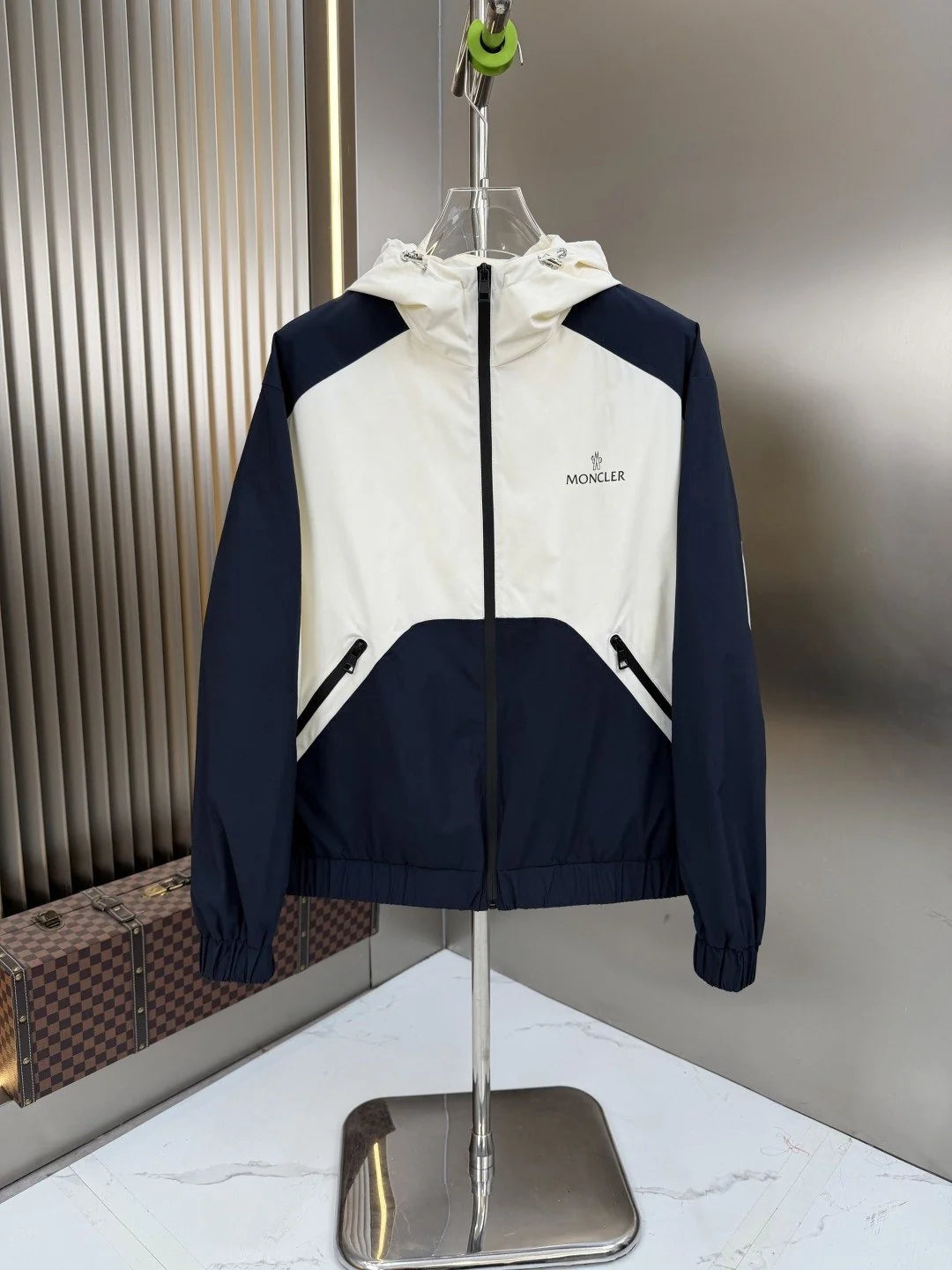 Moncler Ivory White and Navy Blue Color-Block Hooded Jacket