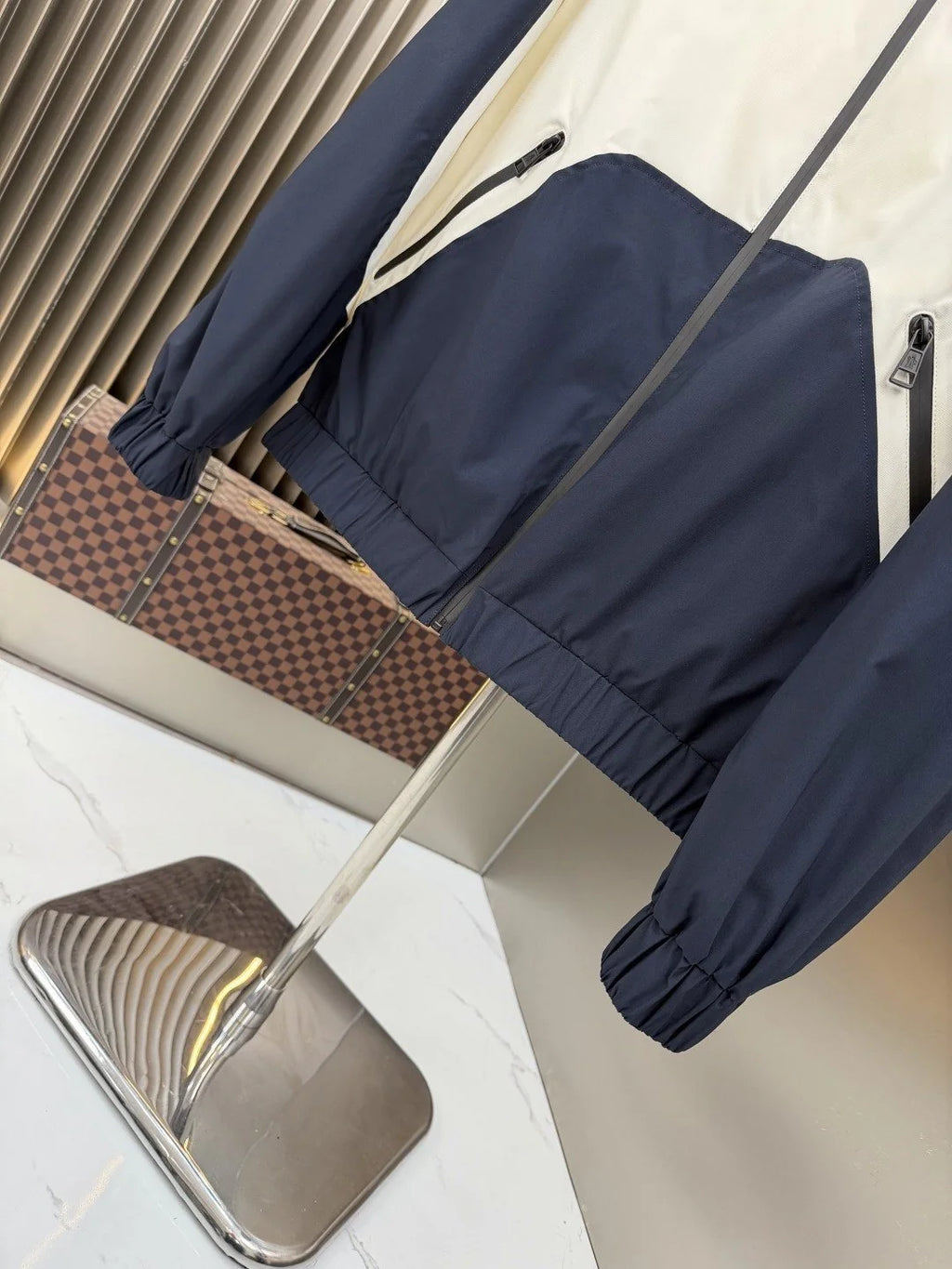Moncler Ivory White and Navy Blue Color-Block Hooded Jacket