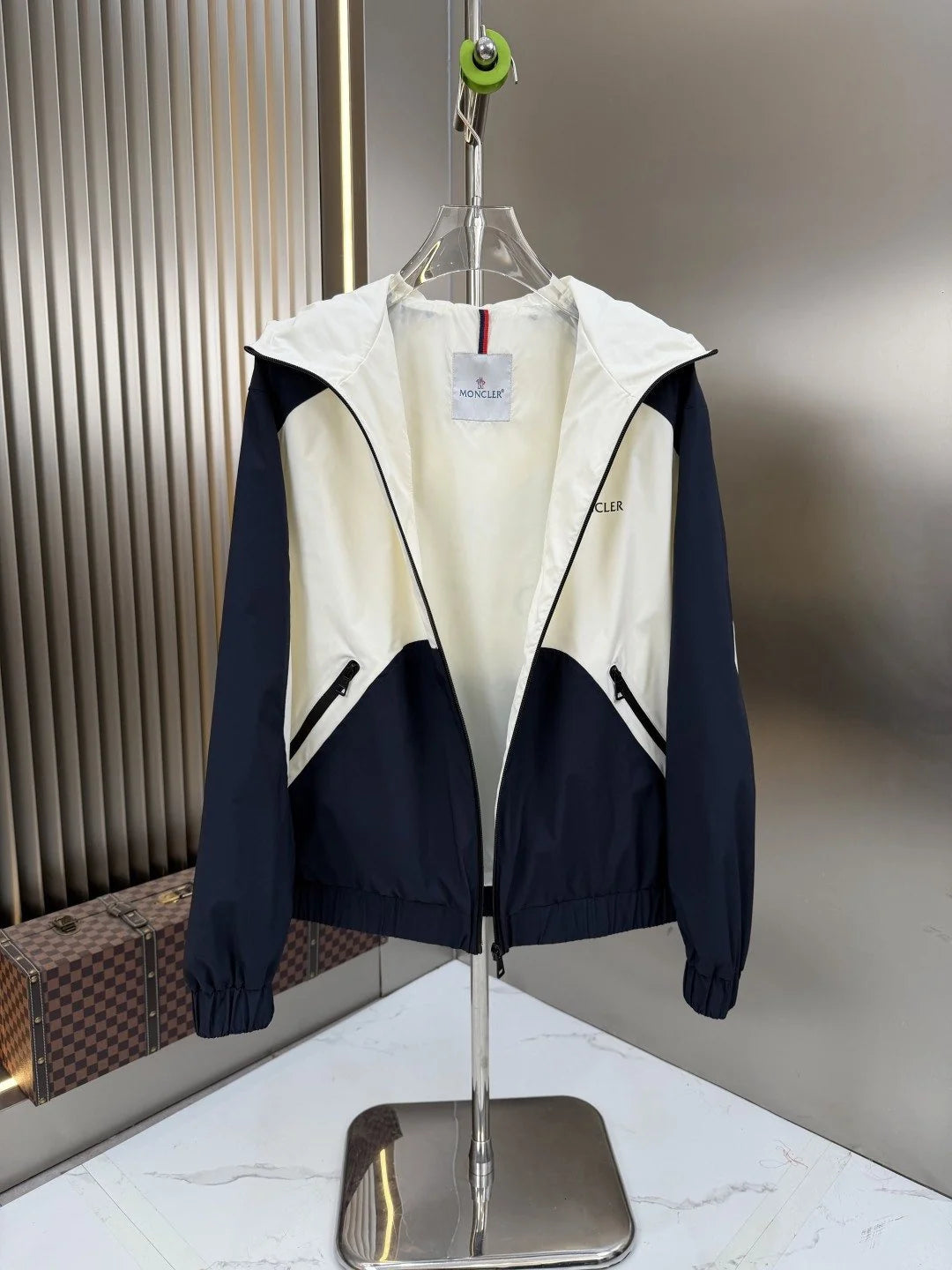 Moncler Ivory White and Navy Blue Color-Block Hooded Jacket