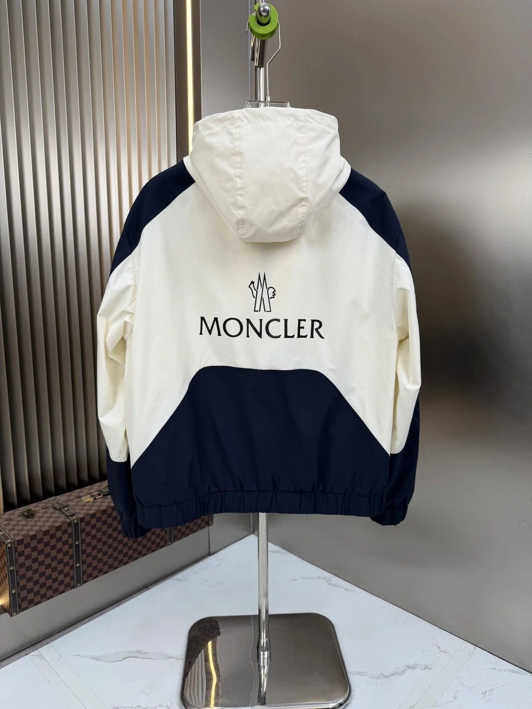 Moncler Ivory White and Navy Blue Color-Block Hooded Jacket