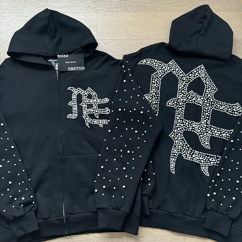 MIXED EMOTION Rhinestone Graphic Zip Hoodie & Sweatpants Set