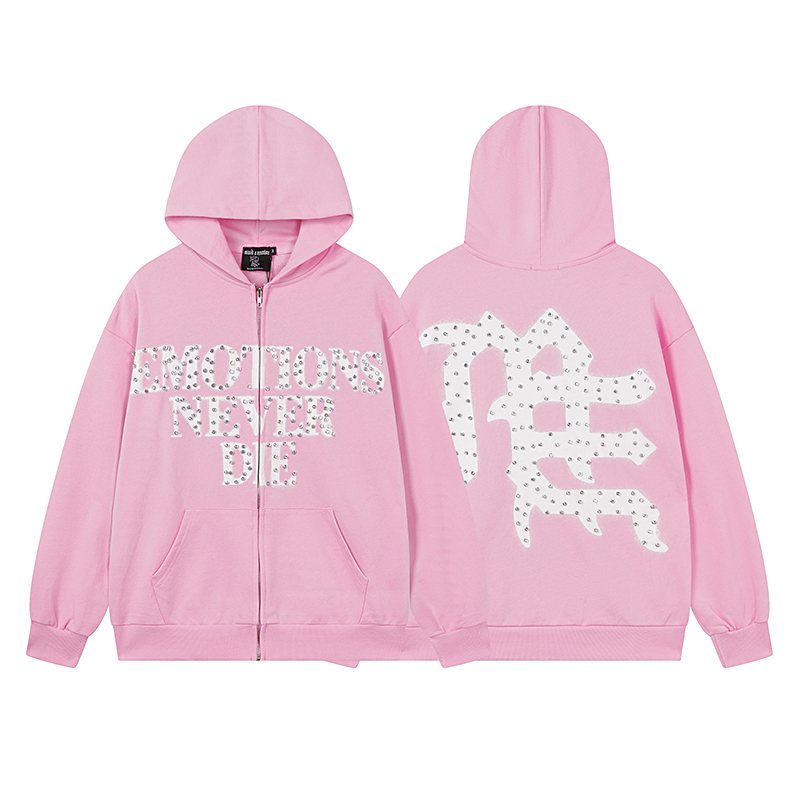 MIXED EMOTION Pink Rhinestone Zip Hoodie