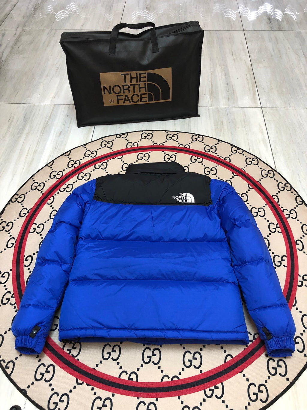 The North Face Quilted Royal Blue and Black Stand-Collar Puffer Jacket