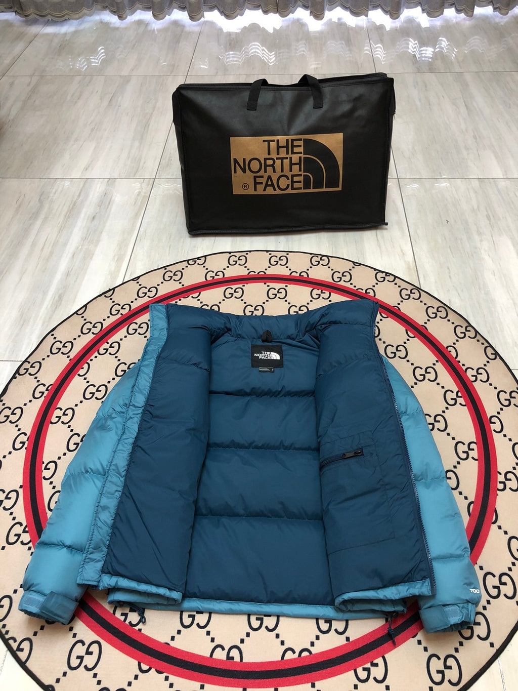 The North Face Quilted Teal Blue and Navy Stand-Collar Puffer Jacket