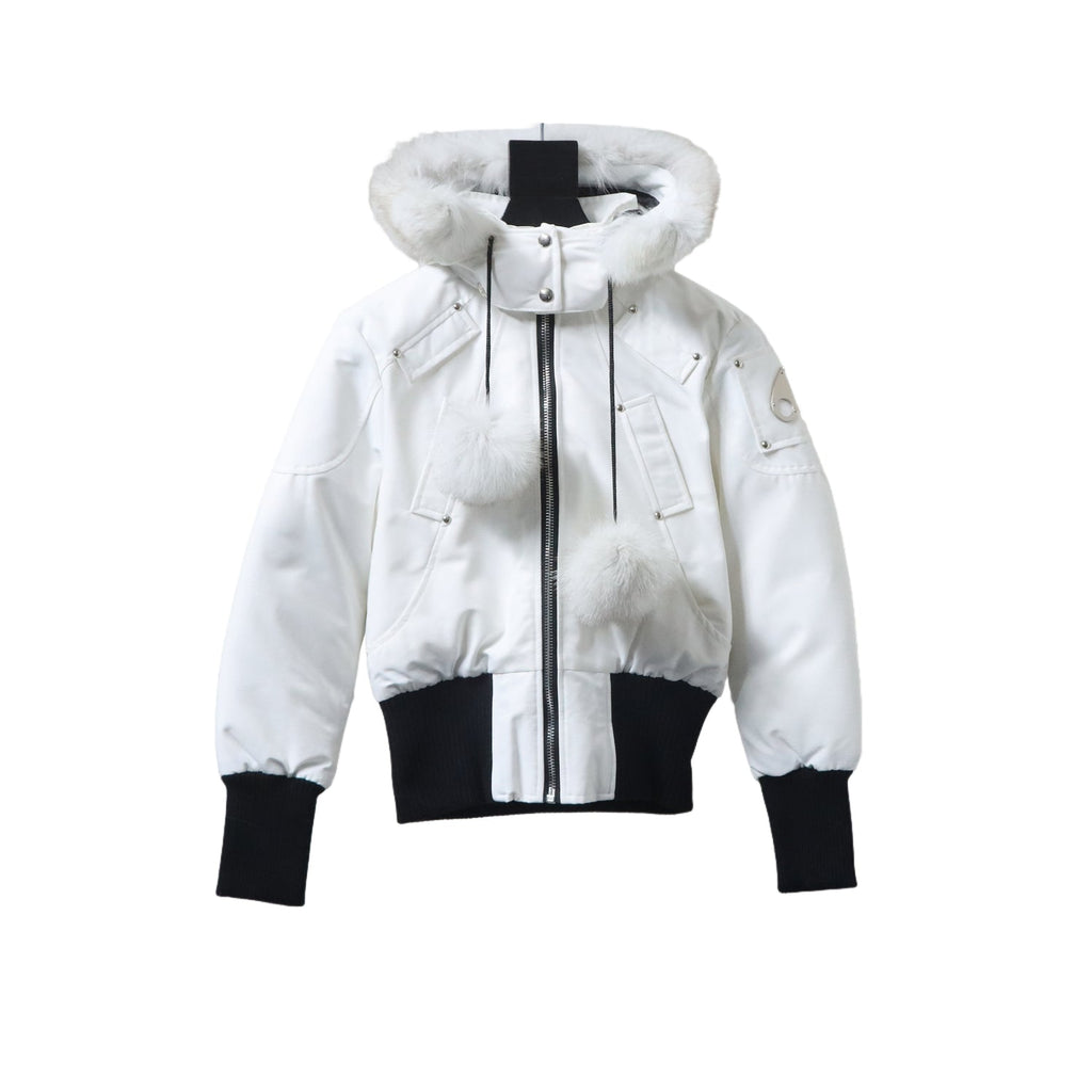 Moose Knuckles White and Black Hooded Bomber Jacket