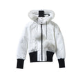 Moose Knuckles White and Black Hooded Bomber Jacket