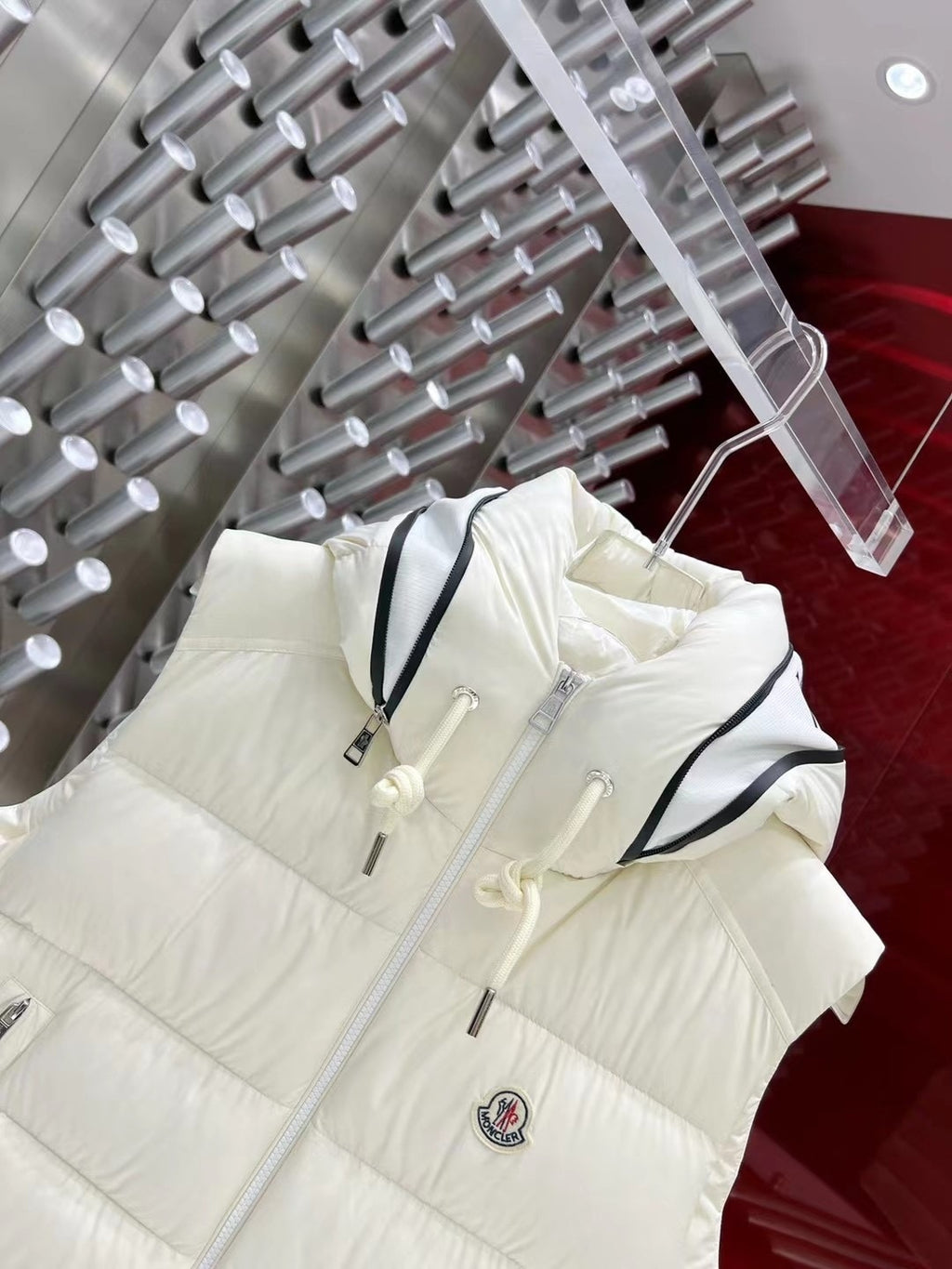 Moncler Quilted Ivory White Hooded Puffer Vest
