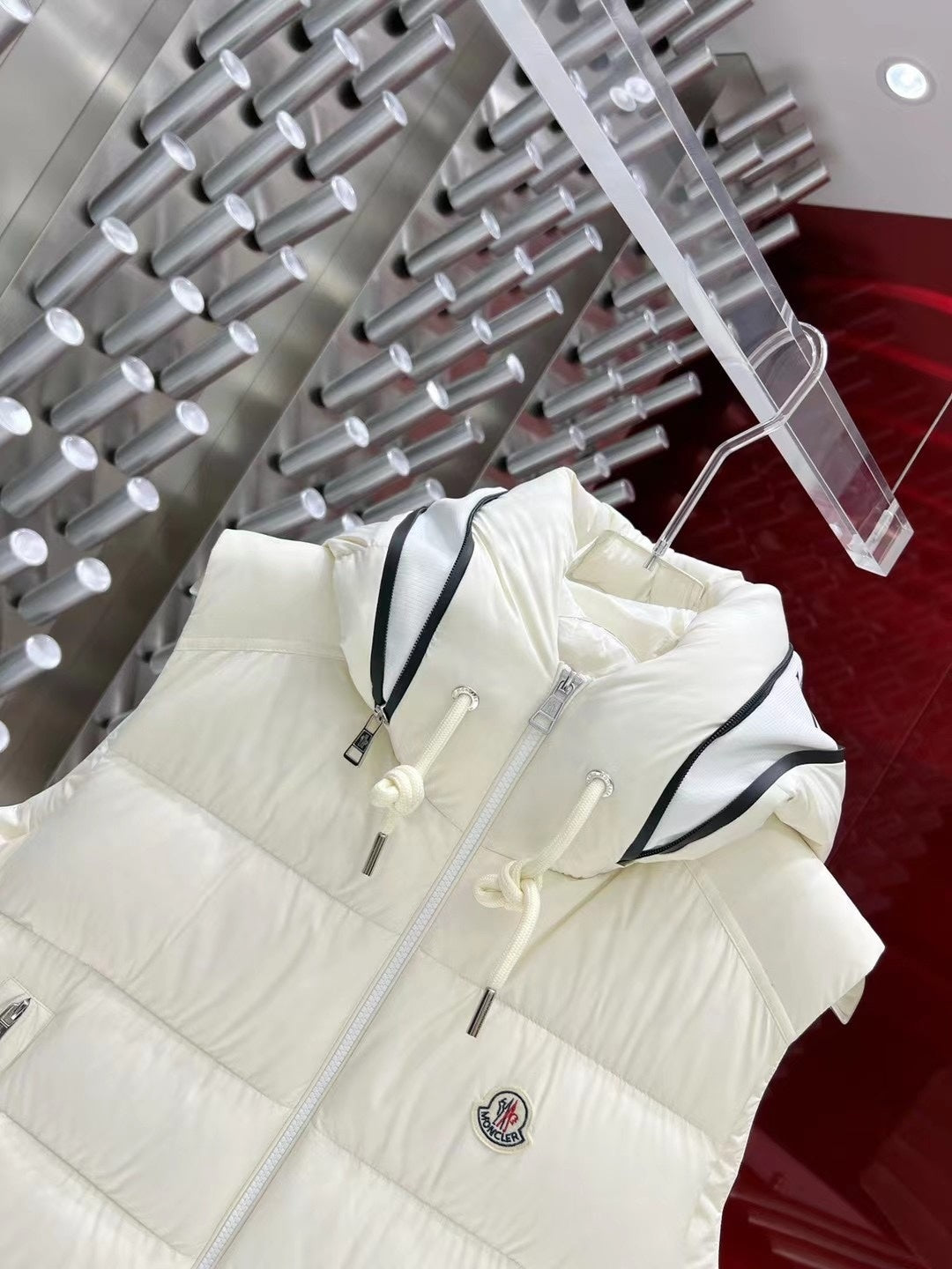 Moncler Quilted Ivory White Hooded Puffer Vest