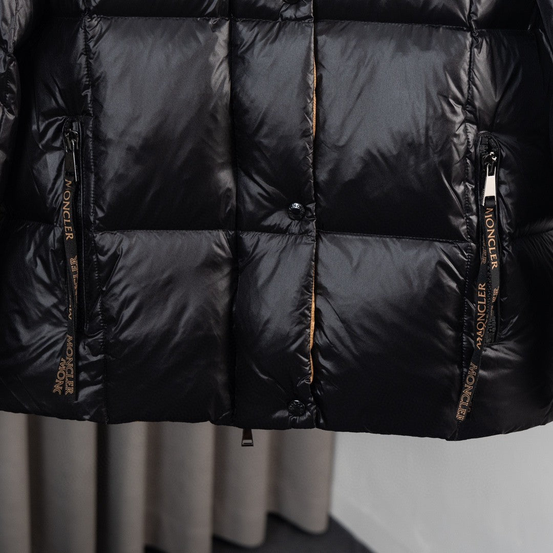 Moncler Glossy Black Hooded Puffer Jacket with Camel Lining