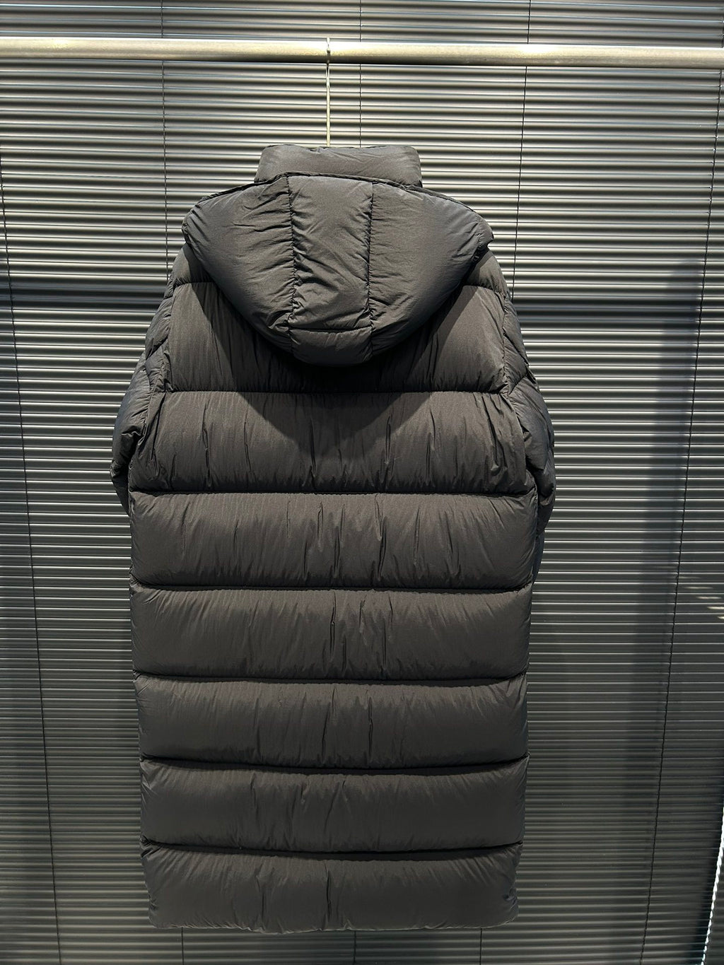 Moncler Quilted Charcoal Gray Hooded Longline Puffer Coat