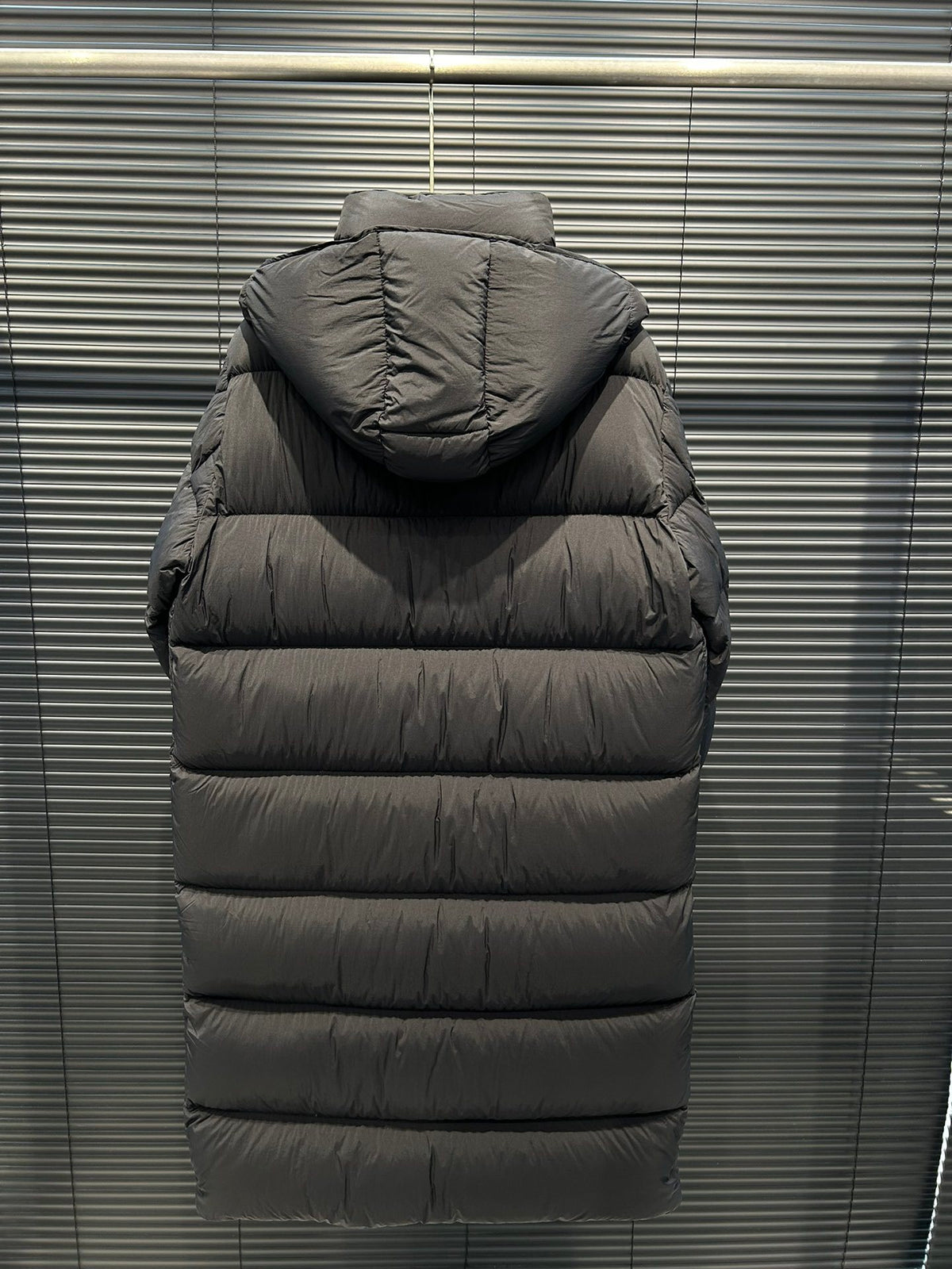 Moncler Quilted Charcoal Gray Hooded Longline Puffer Coat