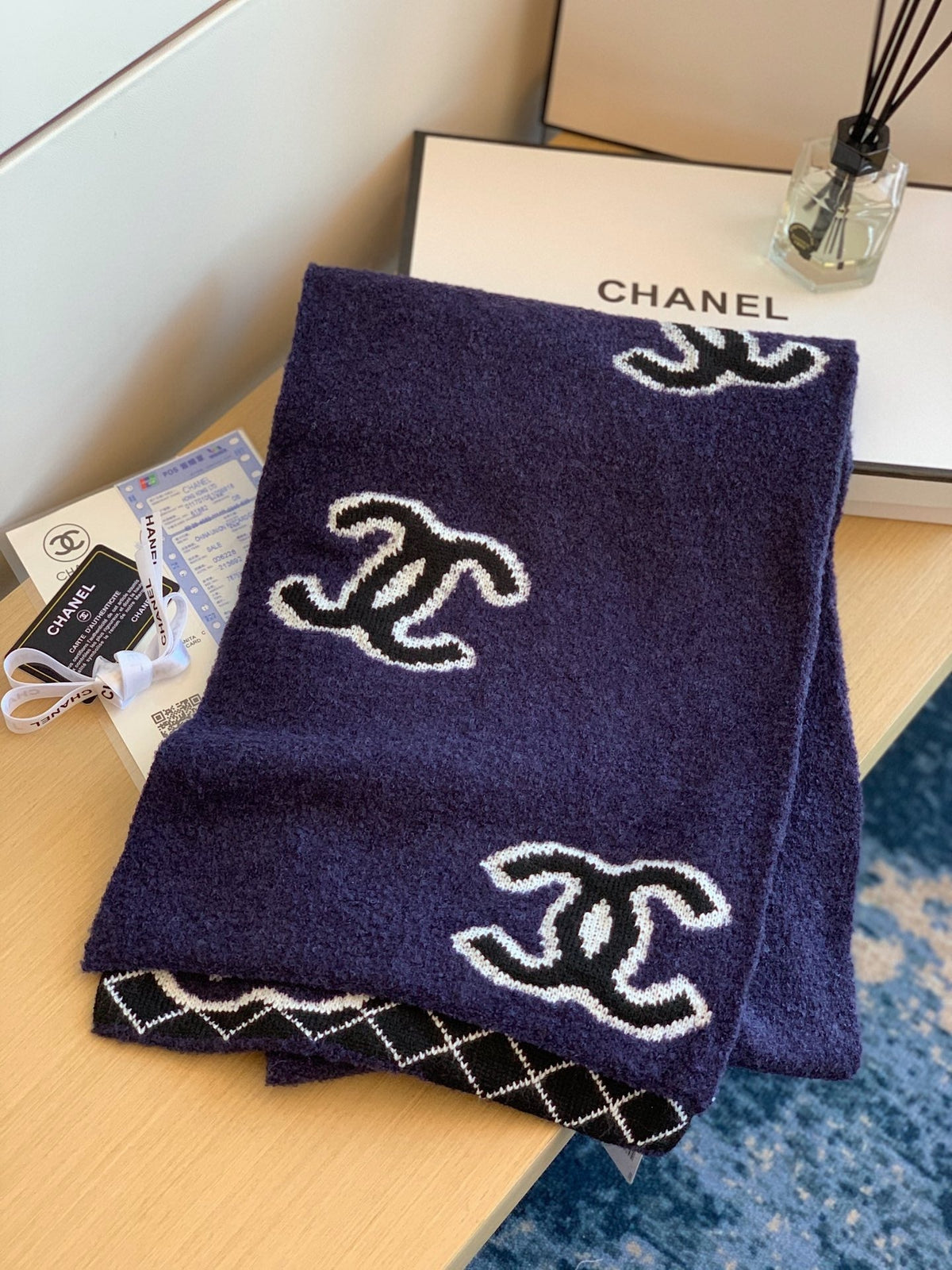 Chanel Style Reversible Plush Diamond Logo Scarf