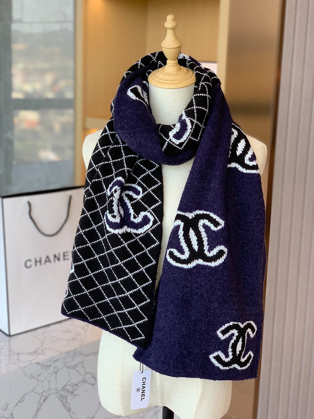 Chanel Style Reversible Plush Diamond Logo Scarf