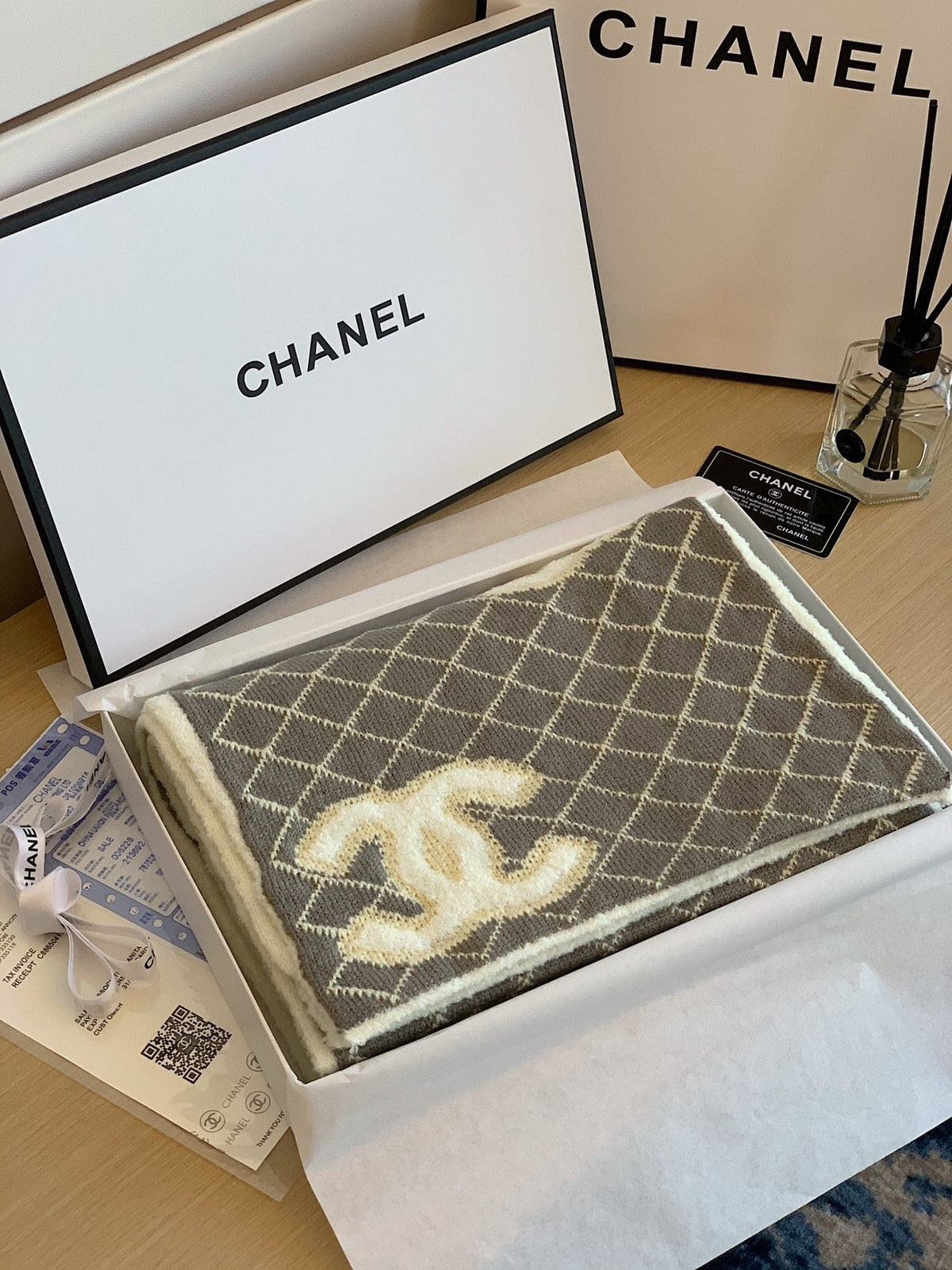 Chanel Style Reversible Plush Diamond Logo Scarf