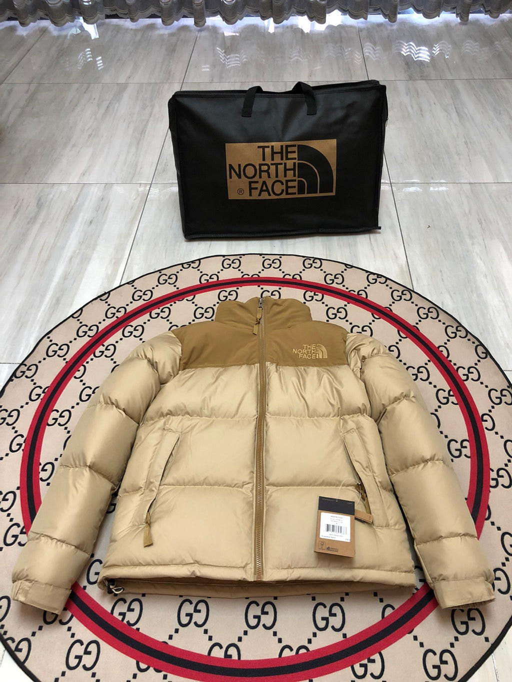 The North Face Quilted Sand Beige and Tan Stand-Collar Puffer Jacket