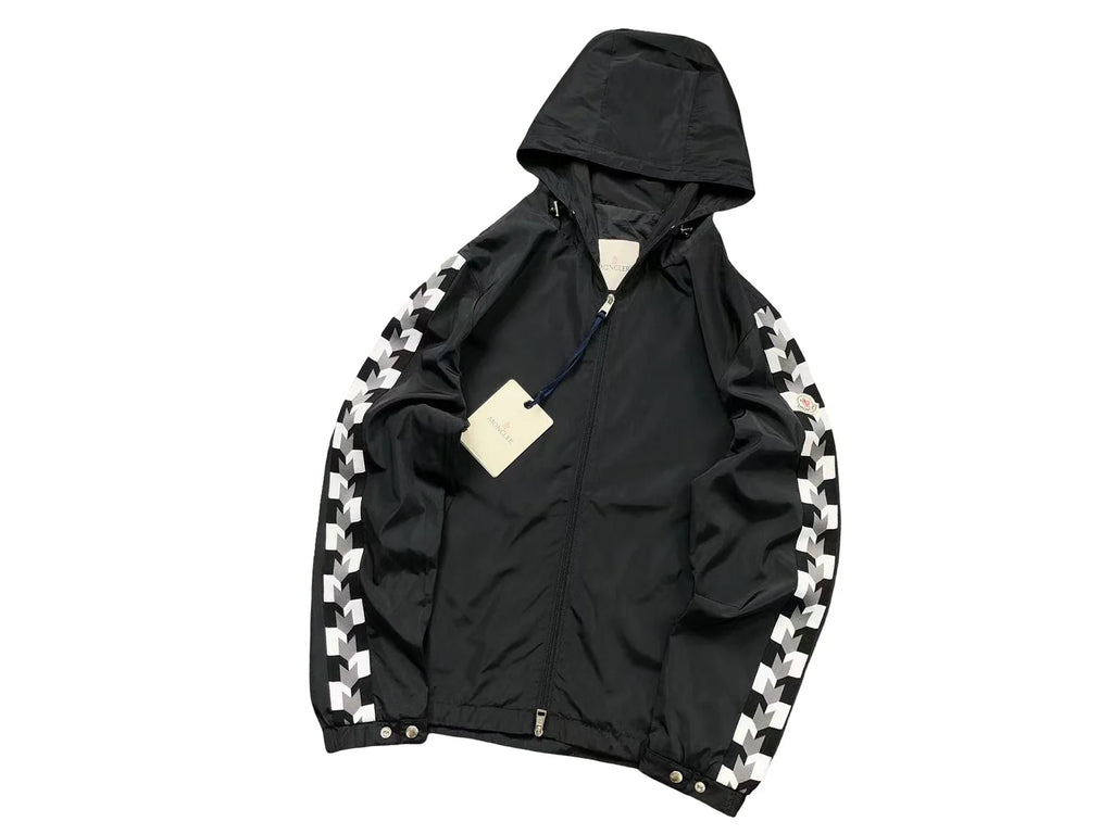 Moncler Black Hooded Zip-Front Jacket with Geometric Sleeve Trim