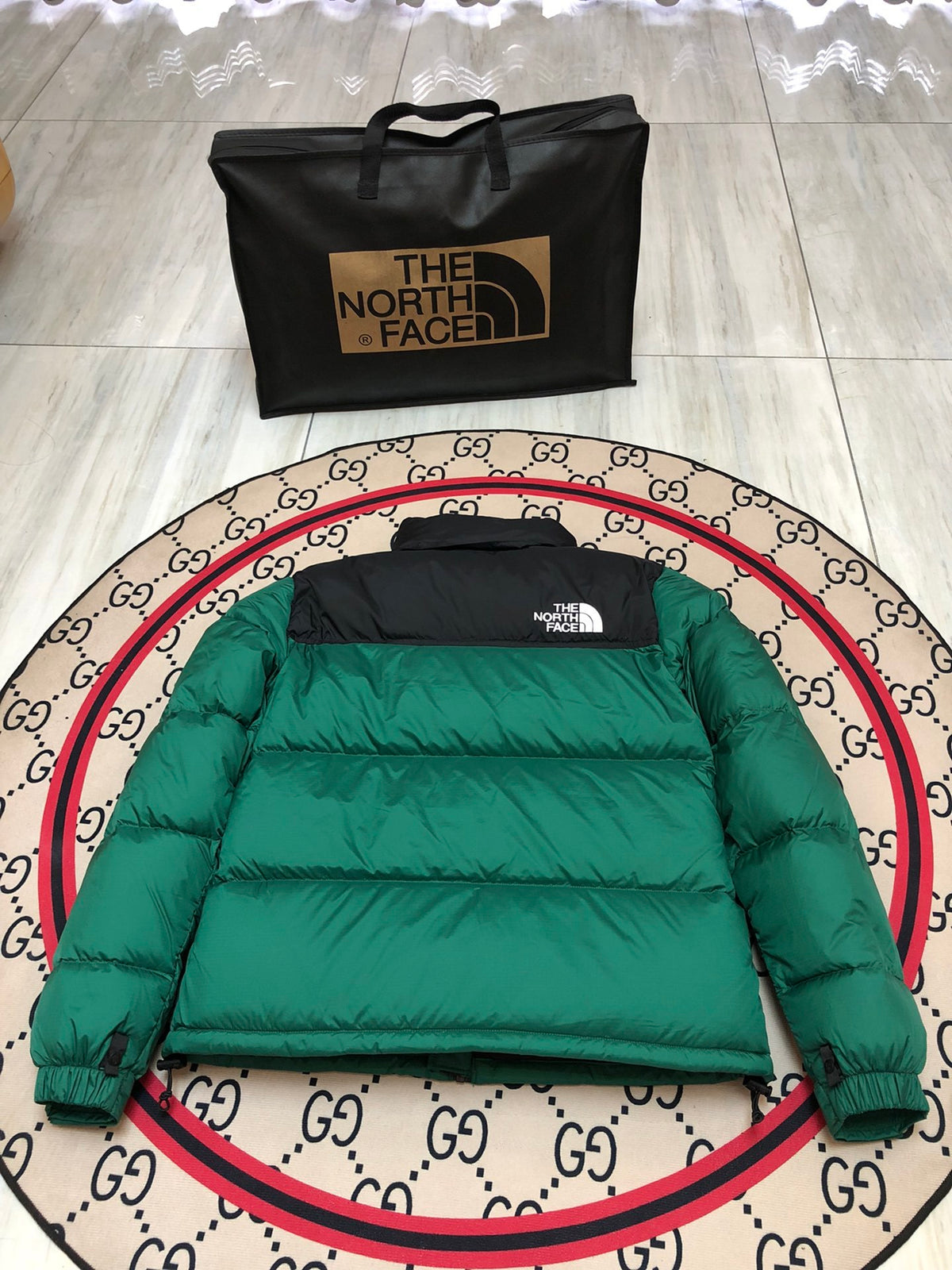 The North Face Quilted Forest Green and Black Stand-Collar Puffer Jacket